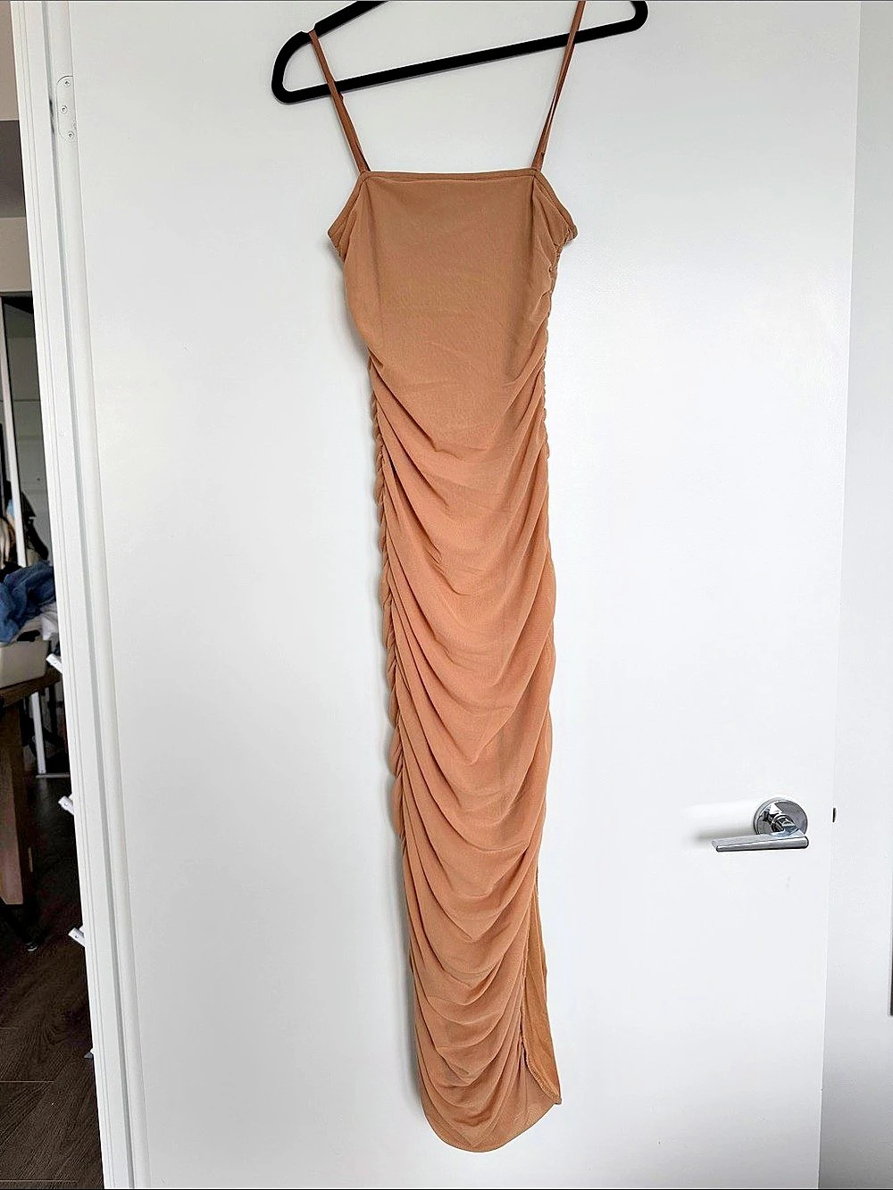 Fashion Nova Alaira Ruched Mesh Midi Dress Brown Medium